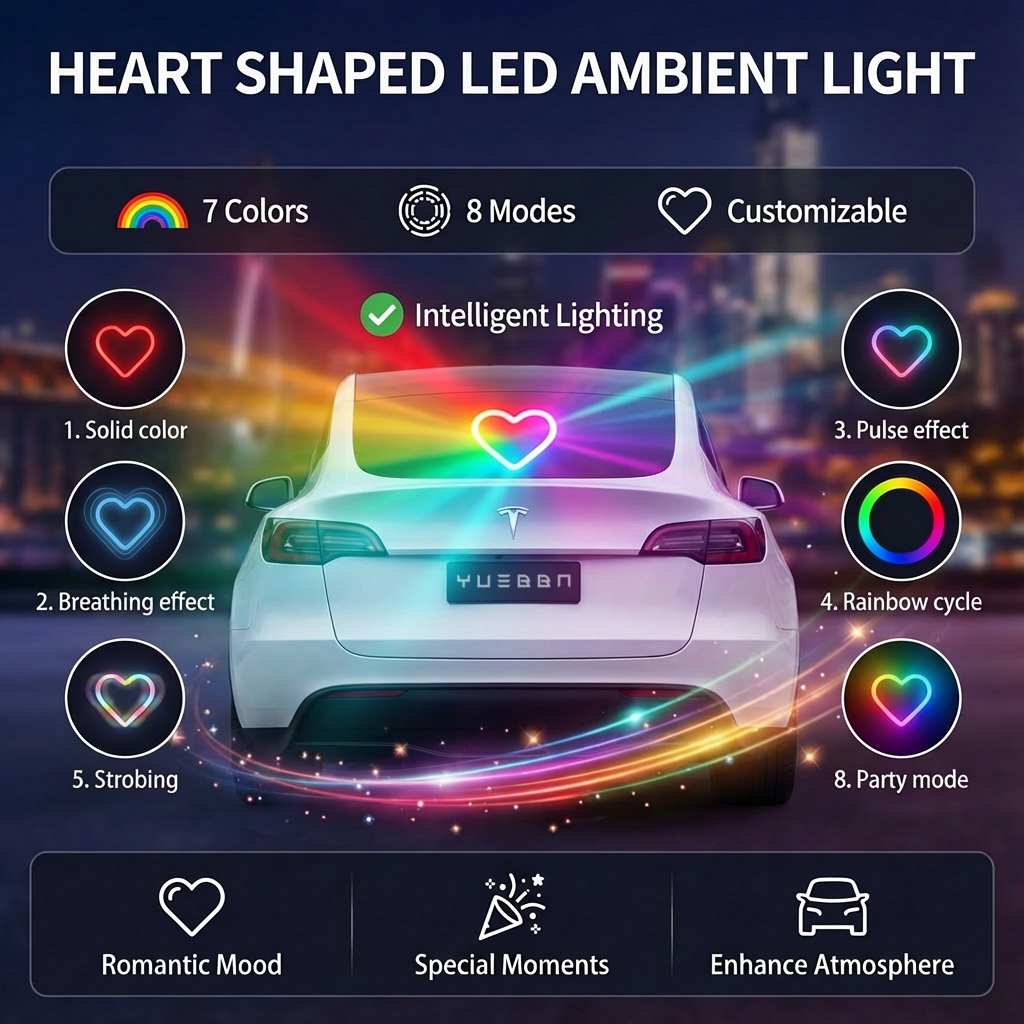 Tesla Heart-Shaped Solar Ambient Lights – Romantic Glow for Model 3/Y Drives